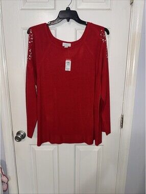 Plus Size 3X Jaclyn Smith Burgandy Red Sweater Open Cold Shoulder Rhinestone